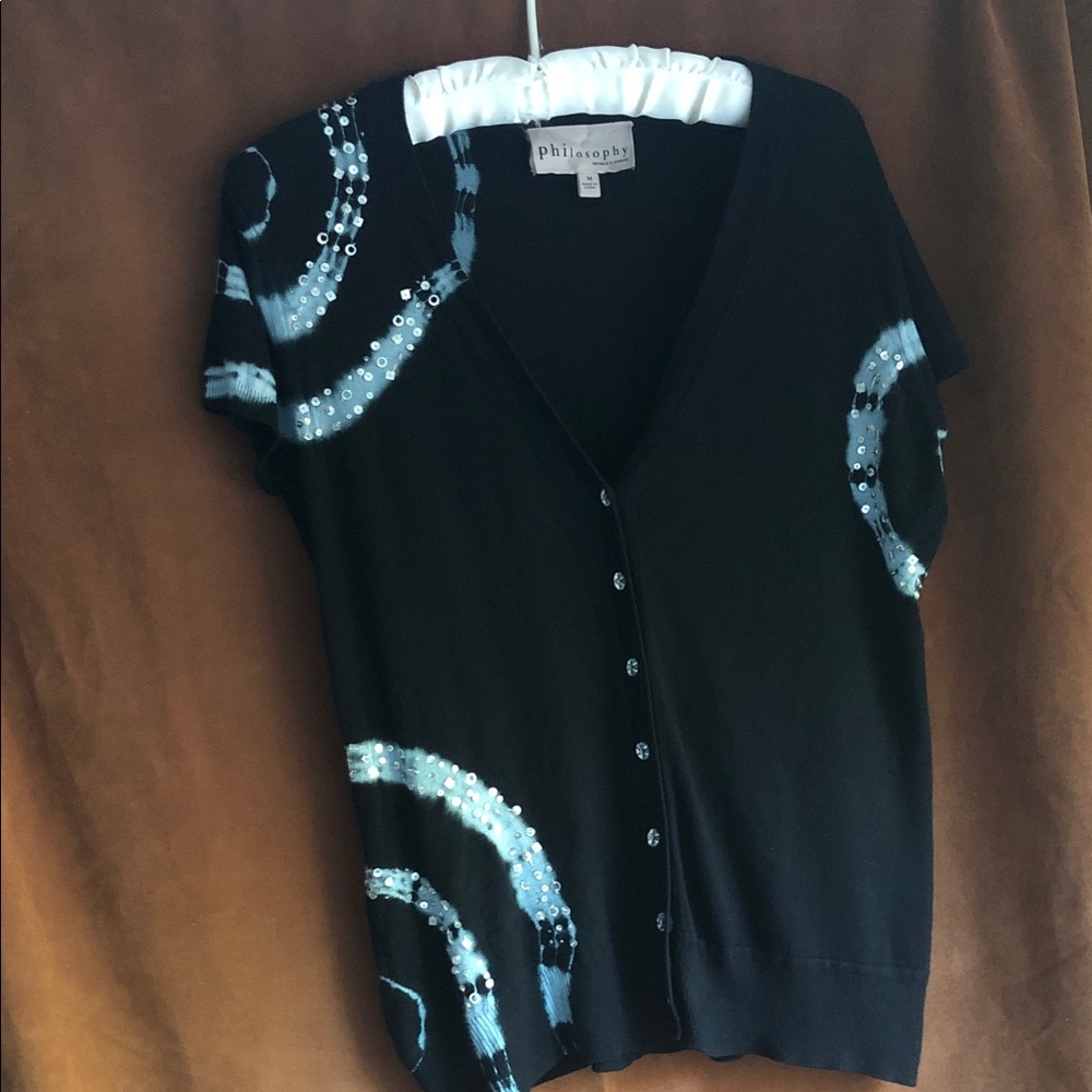 Philosophy Black Short-Sleeve Button Front Cardigan with Silver Sequined Swirls